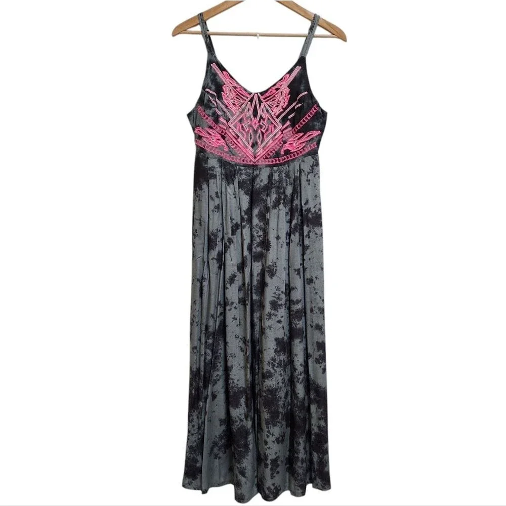 Japna Dress M Black Gray Tie Dye Pink Embroidered Maxi Sleeveless Smocked  Boho